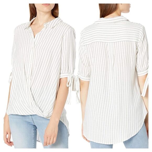 NWT BCBGeneration Faux Wrap 3/4 Sleeve Striped Blouse White Black Size XS - Picture 1 of 16